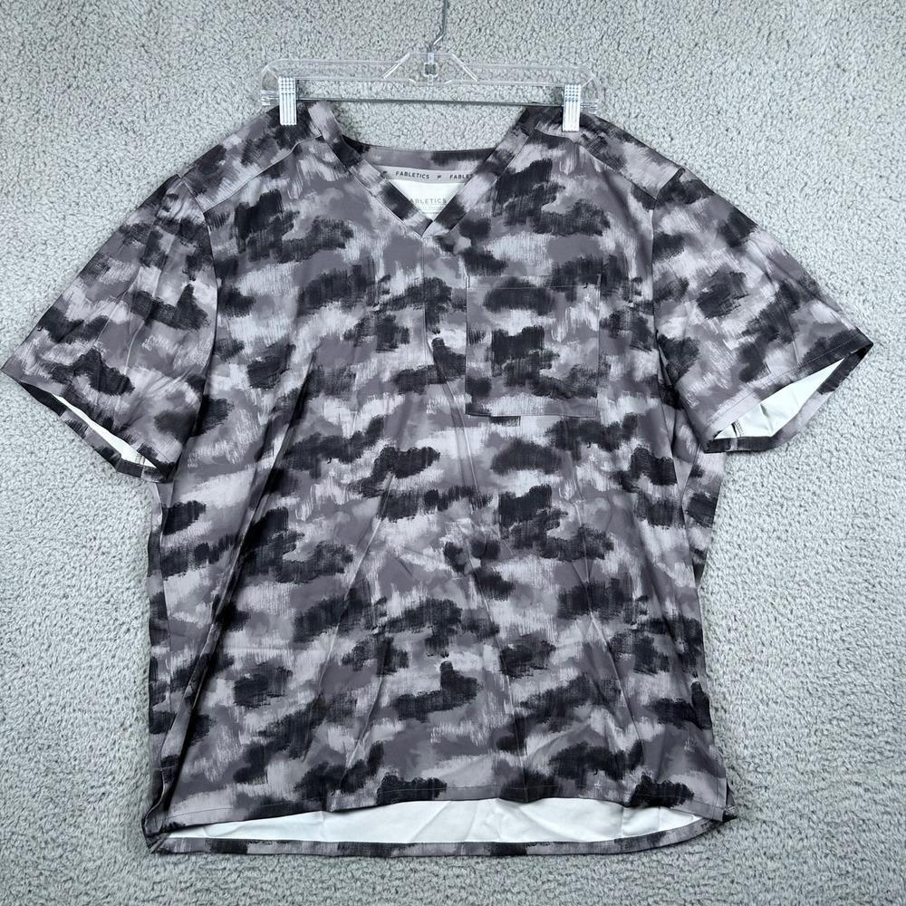 Fabletics Abstract Camo Shirt Mens XXL Grey V-Neck Performance Scrub Top 01847